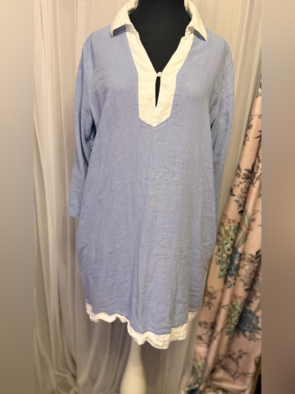 Rachel Zoe Linen Blend Tunic Dress Size M Blue White Coastal Preppy